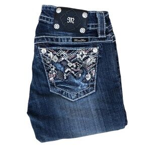 Miss Me Jeans Cotton Blend Blue Wash Distressed Embellished Cropped Jeans 26